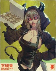 Rule 34 | 1girl, blonde hair, box, breasts, cleavage, dorohedoro, dumpling, food, gloves, green background, highres, hood, horns, ian su, jiaozi, large breasts, long hair, nikaidou (dorohedoro), open mouth, presenting, red eyes, simple background, smile, solo, tail