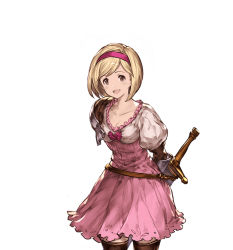 Rule 34 | 10s, 1girl, arms behind back, blonde hair, brown eyes, djeeta (granblue fantasy), dress, gauntlets, granblue fantasy, headband, juliet sleeves, long sleeves, looking at viewer, minaba hideo, open mouth, puffy sleeves, short dress, short hair, simple background, smile, solo, thighhighs, transparent background, weapon, white background, zettai ryouiki