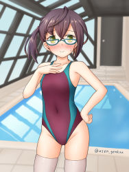 Rule 34 | 1girl, blue-framed eyewear, brown hair, commentary request, competition swimsuit, contrapposto, cowboy shot, door, flat chest, glasses, green eyes, grey thighhighs, highres, indoors, kantai collection, multicolored clothes, multicolored hair, multicolored swimsuit, okinami (kancolle), one-piece swimsuit, pink hair, pool, purple one-piece swimsuit, rei no pool, short hair, solo, standing, swimsuit, thighhighs, yuusen (aenka)