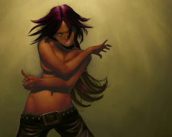 Rule 34 | 00s, 1girl, belt, bleach, breasts, calm (artist), collar, covering privates, covering breasts, dark-skinned female, dark skin, gradient background, hair down, large breasts, licking lips, long hair, navel, purple hair, shihouin yoruichi, solo, tongue, tongue out, topless, wallpaper, yellow eyes