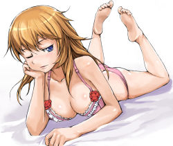 Rule 34 | 00s, 1girl, ass, bad id, bad pixiv id, barefoot, blue eyes, bra, breasts, butt crack, charlotte e. yeager, cleavage, feet, kawa akira, large breasts, lingerie, long hair, lowleg, lowleg panties, lying, one eye closed, orange hair, panties, soles, solo, strike witches, toe-point, underwear, underwear only, wink, world witches series