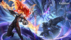 1girl 2boys a_thousand_blazing_suns_(genshin_impact) aether_(genshin_impact) ahoge battle black_bikesuit black_gloves black_hair breasts capitano_(genshin_impact) dragon earrings fighting genshin_impact gloves highres holding holding_sword holding_weapon jewelry long_hair long_sleeves mavuika_(genshin_impact) multicolored_hair multiple_boys official_art orange_eyes orange_hair red_hair sword two-tone_hair very_long_hair weapon