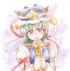 Rule 34 | 1girl, asymmetrical hair, blue eyes, bow, crown, epaulettes, green hair, hat, juliet sleeves, long sleeves, looking at viewer, lovestruck, manaka (pdx), hugging object, petals, puffy sleeves, ribbon, rod of remorse, shiki eiki, smile, solo, touhou, vest