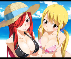 Rule 34 | 2girls, arms under breasts, artist name, bare arms, bare shoulders, beach, bikini, black bikini, black bra, blonde hair, blue sky, blush, bra, breasts, brown eyes, cleavage, closed mouth, cloud, collarbone, crossed arms, day, earrings, erza scarlet, facing viewer, fairy tail, gaston18, hair over one eye, hair tie, happy, hat, heart, heart earrings, jewelry, large breasts, leaning forward, leaning in, lipstick, long hair, looking at viewer, lucy heartfilia, makeup, multiple girls, ocean, one eye covered, outdoors, panties, parted lips, pink bikini, pink bra, pink panties, red hair, sand, sky, smile, standing, sun hat, swimsuit, tongue, twintails, underwear, upper body, water