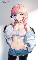 Rule 34 | 1girl, animal print, arknights, blue eyes, blue poison (arknights), can, choker, dog print, drink can, earrings, ett, highres, jewelry, midriff, navel, pink hair, simple background, smile, soda can, sports bra, sweat, sweatdrop, sweater