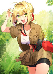 Rule 34 | 1girl, :d, absurdres, ahoge, bike shorts, black shorts, blonde hair, braid, braided bun, breasts, brown shirt, brown skirt, cleavage, collarbone, collared shirt, cowboy shot, crop top, dress shirt, fate/extra, fate (series), green eyes, hair between eyes, hair bun, hair intakes, hair ribbon, highres, leaning forward, looking at viewer, medium breasts, miniskirt, nero claudius (fate), nero claudius (fate) (all), nero claudius (fate/extra), nero claudius (traveling outfit) (fate), official alternate costume, open clothes, open mouth, open shirt, popo ot, red ribbon, ribbon, shirt, short hair, short shorts, short sleeves, shorts, skirt, smile, solo, standing, wing collar