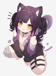 Rule 34 | 1girl, animal ear fluff, animal ears, bandage on knee, barefoot, black hair, black jacket, black sleeves, blush, breasts, brm 1925, cat ears, cat girl, choker, commission, detached sleeves, from above, highres, jacket, long hair, looking up, navel, open clothes, open jacket, original, sitting, skeb commission, small breasts, solo, spread legs, thigh strap, thighs, twintails, yellow eyes