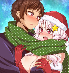 Rule 34 | 1boy, 1girl, :d, bad id, bad pixiv id, blue background, blush, bow, grabbing another&#039;s breast, breasts, brown hair, cleavage, elbow gloves, eye contact, fur trim, gloves, grabbing, green scarf, guided breast grab, guiding hand, hair bow, hair ornament, hat, hetero, highres, honshou sakuya, large breasts, long hair, looking at another, natsu hotaru, open mouth, original, otonashi nagi, pink eyes, polka dot, red eyes, red gloves, santa hat, scarf, shared clothes, shared scarf, short hair, smile, star (symbol), star hair ornament, sweater, twintails, unmoving pattern, white hair