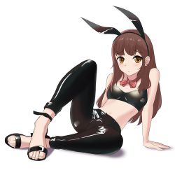 Rule 34 | 1girl, absurdres, blush, brown eyes, brown hair, conejologia, feet, highres, long hair, looking at viewer, original, pants, solo, toes, white background
