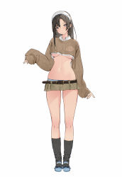 Rule 34 | 1girl, belt, breasts, brown belt, brown hair, brown skirt, brown sweater, collared shirt, copyright request, crop top, cropped sweater, fingernails, full body, hairband, hand up, highres, kneehighs, large breasts, long hair, long sleeves, microskirt, navel, pleated skirt, riesun, sharp fingernails, shirt, simple background, skirt, sleeves past wrists, socks, solo, stomach, sweater, underboob, white hairband, white shirt