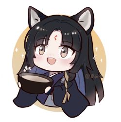 Rule 34 | 1girl, :d, animal ears, arknights, black hair, blue hair, blush, bowl, brown background, chibi, commentary request, cropped torso, dog ears, facial mark, food, food on face, forehead mark, highres, holding, holding bowl, japanese clothes, kimono, long hair, long sleeves, multicolored hair, open mouth, parted bangs, purple kimono, saga (arknights), smile, solo, sparkle, teeth, twitter username, two-tone background, two-tone hair, upper body, upper teeth only, very long hair, white background, wide sleeves, zhuazhua070