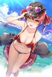 Rule 34 | 1girl, adapted costume, alternate costume, arm behind back, bare arms, bare shoulders, barefoot, beach, bikini, black hat, blue sky, blush, breasts, cloud, collarbone, commentary request, day, groin, hair ribbon, halterneck, hand on headwear, hand up, hat, heart, heart-shaped eyewear, heterochromia, highres, holding, holding swim ring, hololive, houshou marine, houshou marine (summer), innertube, jacket, kakumayu, large breasts, long hair, looking at viewer, navel, no eyepatch, ocean, off shoulder, open mouth, outdoors, peaked cap, red bikini, red eyes, red hair, red ribbon, ribbon, sky, smile, solo, standing, standing on one leg, swim ring, swimsuit, thigh gap, twintails, virtual youtuber, water drop, yellow eyes