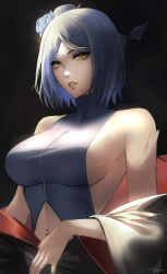 Rule 34 | 1girl, bare shoulders, black background, black robe, blue dress, blue eyes, breasts, clothing cutout, commentary, dress, eyeliner, flower, hair flower, hair ornament, highres, konan (naruto), labret piercing, large breasts, long sleeves, looking at viewer, makeup, naruto (series), naruto shippuuden, navel cutout, navel piercing, off shoulder, parted lips, piercing, robe, short hair, sideboob, sleeveless, sleeveless dress, solo, tommy (kingdukeee), wide sleeves, yellow eyes
