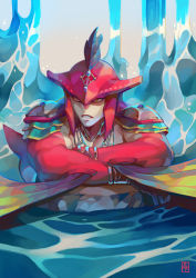 Rule 34 | 1boy, absolum art, absurdres, armor, artist logo, biceps, colored skin, feathers, furry, furry male, hat feather, highres, looking to the side, lying, male focus, mature male, muscular, muscular male, nintendo, red skin, rock, shark boy, shoulder armor, shoulder pads, sidon, solo, teeth, the legend of zelda, the legend of zelda: breath of the wild, upper body, water, waterfall, yellow eyes, zora