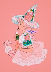 Rule 34 | 1girl, artist name, bottle, braid, closed eyes, dress, drink, drinking, drinking straw, flower, from side, hat, highres, holding, holding bottle, long hair, meyoco, original, pink background, pink dress, pink flower, pink hair, pink theme, see-through, simple background, single braid, solo, sparkle, upper body, very long hair, witch hat