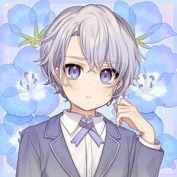 Rule 34 | 1boy, blue flower, blush, closed mouth, collared shirt, commentary, dress shirt, floral background, flower, grey jacket, hair between eyes, hand up, jacket, karokuchitose, long sleeves, looking at viewer, male focus, nemophila (flower), original, purple eyes, shirt, silver hair, solo, upper body, white shirt