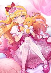 Rule 34 | 1girl, asahina mirai, asdge23, bed, blonde hair, breasts, corset, cure miracle, diamond-shaped brooch, diamond brooch, dress, gloves, hat, heart wand, highres, looking at viewer, lying, magical girl, mahou girls precure!, mini hat, mini witch hat, mofurun (mahou girls precure!), on bed, one eye closed, pantyhose, pillow, pink dress, pink footwear, pink hat, precure, purple eyes, side ponytail, sitting, small breasts, smile, star (symbol), star in eye, stuffed animal, stuffed toy, symbol in eye, teddy bear, white gloves, white pantyhose, witch hat