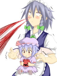Rule 34 | :&lt;, bad id, bad pixiv id, bat wings, blood, blush, child, constricted pupils, cup, drinking straw, excessive nosebleed, female focus, hat, highres, izayoi sakuya, maid, maid headdress, multiple girls, nosebleed, red eyes, remilia scarlet, sabino itaru, sitting, sitting on lap, sitting on person, touhou, wings, aged down