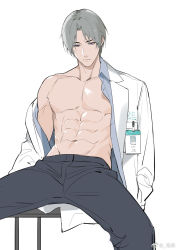 Rule 34 | 1boy, abs, closed mouth, copyright request, grey hair, hands in pockets, lab coat, male focus, maosen, navel, no nipples, off shoulder, purple eyes, short hair, simple background, sitting, solo, spread legs, toned, toned male, weibo watermark, white background