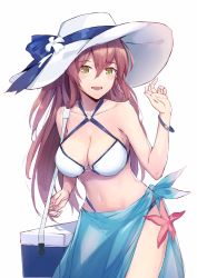 Rule 34 | 1girl, bikini, blush, bracelet, breasts, brown hair, cleavage, collarbone, commentary, commentary request, cowboy shot, criss-cross halter, eyebrows, flower, girls&#039; frontline, green eyes, hair between eyes, halterneck, hat, highres, jewelry, jhcrow3, large breasts, long hair, looking at viewer, navel, official alternate costume, sarong, simple background, solo, springfield (girls&#039; frontline), springfield (stirring mermaid) (girls&#039; frontline), sun hat, swimsuit