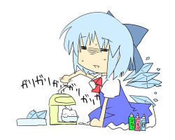 Rule 34 | circled 9, 1girl, bad id, bad pixiv id, blue hair, cirno, dress, female focus, flat color, food, full body, ice shaver, kazetto, lowres, ribbon, shaved ice, solo, embodiment of scarlet devil, touhou, white background, wings
