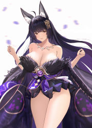 Rule 34 | 1girl, absurdres, animal ears, azur lane, bare shoulders, black hair, bottomless, breasts, cleavage, cowboy shot, dido (magicc), facial hair, fox ears, fox girl, fur-trimmed kimono, fur trim, highres, huge breasts, japanese clothes, kimono, large breasts, long hair, looking at viewer, musashi (azur lane), nail polish, no panties, revealing clothes, short kimono, simple background, smile, solo, thighs, white background