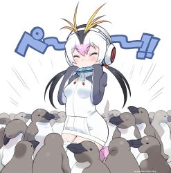Rule 34 | 10s, 1girl, 2016, artist name, bird, character name, copyright name, dated, harmonica, headphones, highres, instrument, kemono friends, kneeling, logo, long hair, multicolored hair, penguin, royal penguin (kemono friends), signature, smile, solo, thighhighs, third-party edit, twintails, white thighhighs, yoshizaki mine