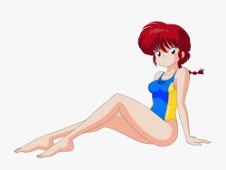 Rule 34 | 1girl, absurdres, ass, barefoot, blue eyes, braid, braided ponytail, breasts, cleavage, competition swimsuit, full body, genderswap, genderswap (mtf), highres, long hair, long legs, medium breasts, one-piece swimsuit, ponytail, ranma-chan, ranma 1/2, red hair, saotome ranma, simple background, single braid, sitting, solo, swimsuit, thighs, white background, wide hips
