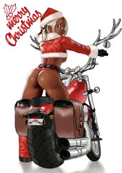 Rule 34 | 1girl, alternate hair color, antlers, arung samudra (cessa), ass, belt, bespectacled, breasts, cessa, christmas, commentary, cropped jacket, dark-skinned female, dark skin, english commentary, fake antlers, glasses, hat, horns, jacket, large breasts, leg warmers, looking back, merry christmas, micro shorts, motor vehicle, motorcycle, ombok diving and delivery services, pinup (style), red jacket, red shorts, reindeer antlers, santa hat, short hair, shorts, silver hair, solo, standing, thighs, underboob, very dark skin