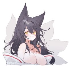 Rule 34 | 1girl, ahri (league of legends), animal ears, black hair, breasts, cleavage, cropped torso, detached sleeves, facial mark, fox ears, fox girl, fox tail, hair between eyes, large breasts, league of legends, long hair, looking at viewer, multiple tails, po chino, simple background, solo, tail, very long hair, whisker markings, white background, yellow eyes