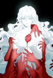 Rule 34 | 1boy, absurdly long hair, behelit, berserk, blood, blood drip, closed mouth, cupping hands, facing viewer, griffith (berserk), guantoujunz, hands on another&#039;s chest, hands on another&#039;s shoulders, highres, jewelry, long hair, looking at object, male focus, nude, own hands together, solo, very long hair, wavy hair, white hair