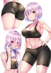 Rule 34 | 1girl, ass, bare shoulders, bike shorts, black bra, black shorts, blush, bra, breasts, cleavage, fate/grand order, fate (series), hair over one eye, highres, hip focus, large breasts, looking at viewer, mash kyrielight, multiple views, nano (syoutamho), navel, pants, purple eyes, purple hair, shiny skin, short hair, shorts, simple background, sports bra, sweat, thighs, towel, underwear, white background