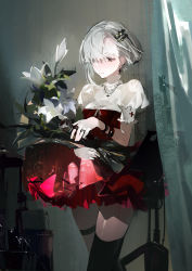 Rule 34 | 1girl, absurdres, black thighhighs, bouquet, bracelet, brown eyes, chinese commentary, closed mouth, commentary request, cross, cross earrings, curtains, dress, ear piercing, earrings, eyebrow piercing, feet out of frame, flower, grey background, hair ornament, hairclip, highres, holding, holding bouquet, holding microphone, jewelry, microphone, music stand, necklace, original, piercing, red dress, ring, short hair, short sleeves, single thighhigh, solo, soungruan mian mao, thigh strap, thighhighs, white dress, white flower, white hair