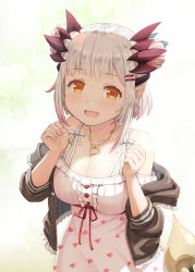Rule 34 | 1girl, nanashi inc., :d, bare shoulders, black jacket, blush, breasts, brown eyes, cleavage, double bun, dress, frilled jacket, frills, hair bun, hair ornament, hairclip, hand up, haniwa (leaf garden), heart, heart print, highres, honey strap, hood, hood down, hooded jacket, jacket, long sleeves, looking at viewer, medium breasts, multicolored hair, off shoulder, open clothes, open jacket, open mouth, pointy ears, print dress, red hair, silver hair, sleeveless, sleeveless dress, smile, solo, streaked hair, suou patra, virtual youtuber, white dress