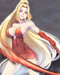 Rule 34 | 1girl, bare legs, bare shoulders, blonde hair, breasts, collarbone, covered navel, cowboy shot, dress, elbow gloves, gloves, grey background, grin, highres, holding, holding whip, large breasts, long hair, looking at viewer, parted bangs, ponytail, red dress, red eyes, red gloves, short dress, shynesslady, smile, solo, star ocean, star ocean the second story, strapless, strapless dress, very long hair, whip, yasu suupatenin