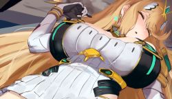 Rule 34 | 1girl, awesomeerix, blonde hair, breasts, chest jewel, cleavage cutout, closed eyes, clothing cutout, dress, earrings, elbow gloves, gloves, headpiece, jewelry, large breasts, long hair, lying, mythra (xenoblade), on back, short dress, sleeping, solo, very long hair, white dress, white gloves, xenoblade chronicles (series), xenoblade chronicles 2
