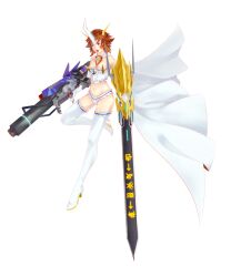 Rule 34 | 1girl, absurdres, cannon, cape, digimoji, digimon, female focus, highres, omegamon, personification, solo, sword, weapon