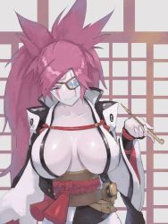 Rule 34 | 1girl, baiken, breasts, cleavage, collarbone, eyepatch, guilty gear, japanese clothes, kimono, kiseru, large breasts, long hair, long sleeves, looking at viewer, obi, one-eyed, open clothes, open kimono, pink eyes, pink hair, smoking pipe, ponytail, quentin lecuiller, sash, scar, scar across eye, scar on face, smile, solo, tattoo, upper body, wide sleeves