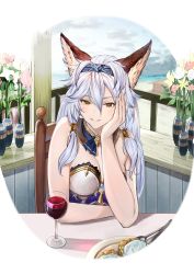 Rule 34 | 1girl, absurdres, alcohol, animal ears, armor, armored dress, artist request, bare shoulders, blush, breastplate, breasts, cat ears, cleavage, cup, detached collar, dress, drinking glass, granblue fantasy, hair between eyes, hair tubes, hairband, heles, highres, huge filesize, large breasts, long hair, looking at viewer, plant, potted plant, sidelocks, silver hair, sitting, smile, table, very long hair, white dress, wine, wine glass, yellow eyes