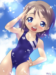 Rule 34 | 1girl, blue eyes, blush, brown hair, cameltoe, hand on own hip, highres, open mouth, pop&#039;n pastel, short hair, solo, swimsuit