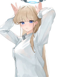 Rule 34 | 1girl, absurdres, alternate costume, arms up, blonde hair, blue archive, blue eyes, blue halo, blunt bangs, breasts, collared shirt, commentary request, earrings, halo, highres, jewelry, long hair, long sleeves, looking at viewer, looking down, medium breasts, parted lips, rabbit pose, randouworks, shirt, simple background, solo, stud earrings, toki (blue archive), upper body, white background, white shirt