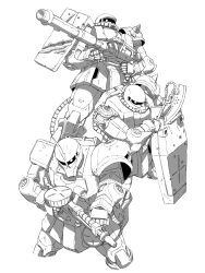 Rule 34 | absurdres, armor, axe, bullet hole, cable, commentary, damaged, drum magazine, greyscale, gun, gundam, gundam 08th ms team, highres, holding, holding axe, holding gun, holding shield, holding weapon, looking to the side, magazine (weapon), mecha, mecha kaku man, mobile suit, mobile suit gundam, monochrome, no humans, one-eyed, pauldrons, robot, rx-78-2, scratches, shield, shoulder armor, shoulder spikes, simple background, spiked pauldrons, spikes, weapon, white background, zaku i, zaku ii