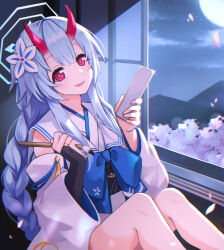 Rule 34 | 1girl, blue archive, blue hair, blush, braid, chise (blue archive), detached sleeves, flower, hair between eyes, hair flower, hair ornament, halo, horns, japanese clothes, long hair, long sleeves, looking at viewer, low twin braids, night, open mouth, petals, shireru illust, solo, twin braids
