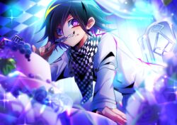 Rule 34 | 1boy, absurdres, black hair, blurry, blurry foreground, buttons, cake, chair, checkered clothes, checkered scarf, danganronpa (series), danganronpa v3: killing harmony, food, food on face, fork, grin, hair between eyes, highres, holding, holding fork, jacket, kujira pyon ka, leaning forward, long sleeves, male focus, multicolored hair, oma kokichi, pink hair, purple eyes, scarf, smile, teeth, two-tone hair, white jacket
