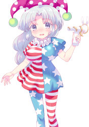 Rule 34 | 1girl, absurdres, american flag dress, american flag legwear, american flag shirt, amo (shibu3), blue eyes, blush, clownpiece, clownpiece (cosplay), cosplay, cowboy shot, hat, highres, jester cap, long hair, lunatic gun, open mouth, pantyhose, silver hair, simple background, solo, striped clothes, striped pantyhose, sweat, touhou, white background, yagokoro eirin