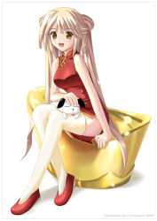 Rule 34 | blonde hair, brown hair, china dress, chinese clothes, dog, dress, kaizaru, long hair, pet, puppy, red footwear, shoes, sitting, solo, thighhighs, twintails, yellow eyes