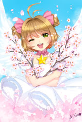 Rule 34 | 1girl, ;d, angel wings, antenna hair, artist name, bad id, bad pixiv id, blue sky, briska, brown hair, cardcaptor sakura, cherry blossoms, choker, day, dress, feathered wings, grey eyes, hair ornament, head tilt, kinomoto sakura, layered dress, looking at viewer, one eye closed, open mouth, short hair, short sleeves, sky, smile, solo, star (symbol), two side up, white dress, white wings, wings