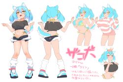Rule 34 | 1boy, 1girl, :d, animal ears, ass, bare shoulders, bikini, black shirt, black shorts, blue bikini, blue footwear, blue hair, blush, breasts, brown eyes, commentary request, cutoffs, disembodied hand, dog ears, dog girl, dog tail, drawstring, eyebrows hidden by hair, fang, feet out of frame, hair between eyes, hair ornament, headpat, highleg, highleg bikini, highres, kneepits, korin (owasaki), large breasts, looking at viewer, loose socks, multicolored hair, multiple views, navel, off shoulder, open clothes, open fly, open mouth, open shorts, original, owasaki, pink shorts, shirt, shoes, short shorts, short sleeves, shorts, side-tie bikini bottom, simple background, smile, socks, star (symbol), star hair ornament, striped clothes, striped shirt, swimsuit, tail, translation request, twintails, two-tone hair, white background, white hair, white socks