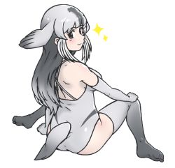 Rule 34 | 1girl, acesrulez, bearded seal (kemono friends), blush, brown eyes, commentary request, elbow gloves, female focus, full body, gloves, grey gloves, grey hair, grey one-piece swimsuit, grey thighhighs, kemono friends, long hair, looking at viewer, looking back, multicolored hair, one-piece swimsuit, sitting, solo, sparkle, swimsuit, tail, thighhighs, wariza, zettai ryouiki
