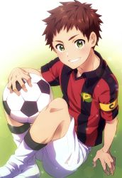 Rule 34 | 1boy, absurdres, ball, character request, child, commentary request, copyright request, crossed legs, day, green eyes, highres, holding, holding ball, kanamaru yuuki, looking at viewer, male focus, outdoors, red hair, short hair, shorts, shou oota, soccer ball, solo, teeth, uniform, victory kickoff!!